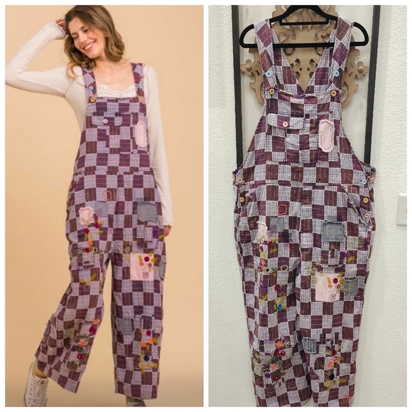 Blue Velvet Embroidered Patchwork Washed Oversized Overalls - Picture 5 of 5